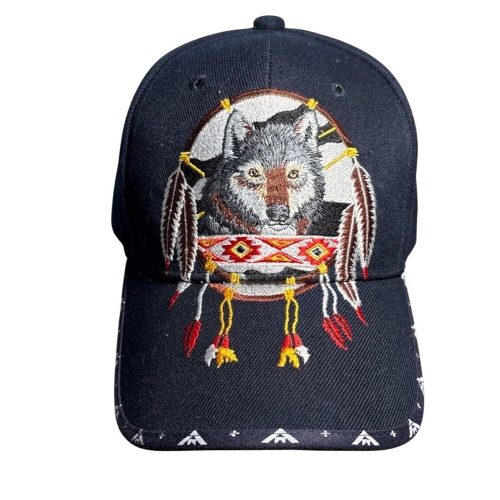 Native Wolf Hat Dream Catcher Embroidered Navy Adjustable Strapback Santo Cap